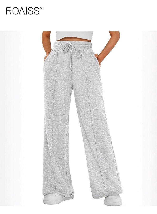 رويس بنطال رياضي نسائي جديد واسع الساقين، بنطال فضفاض مريح، بنطال رياضي برباط، مناسب للجري والتمارين الرياضية، لون رمادي - Image 2